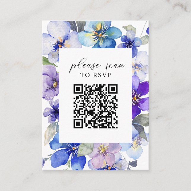 Tarjeta De Recepción Purple Blue Florals Código QR Boda RSVP (Anverso)