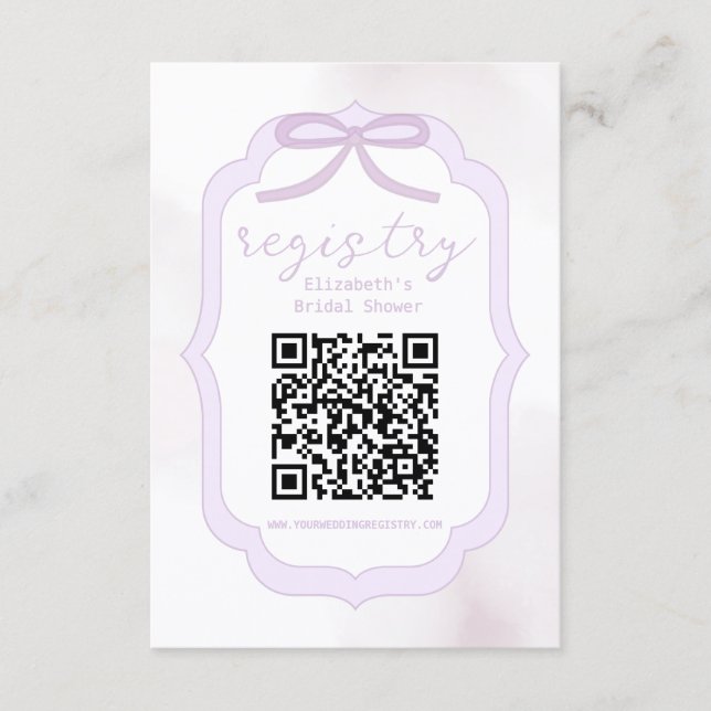 Tarjeta De Recepción Purple Bow Watercolor Bridal Shower Registry (Anverso)