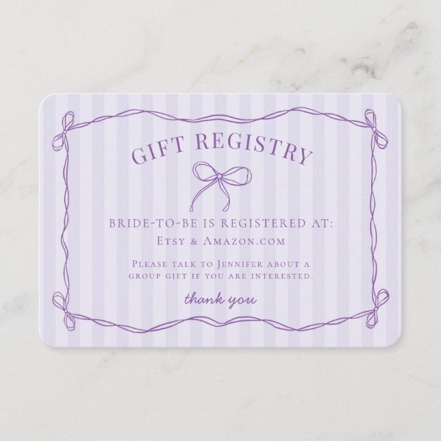 Tarjeta De Recepción Purple Coquette Bow Pastel Bridal Shower Registry (Anverso)