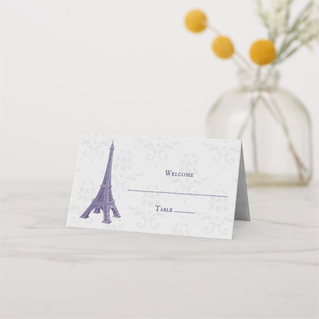 Tarjeta de recepción Purple Eiffel Tower Damask (Anverso)
