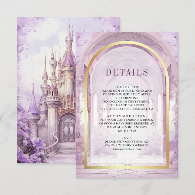 Tarjeta De Recepción Purple Floral Fairytale Castle Wedding Details (Anverso / Reverso)