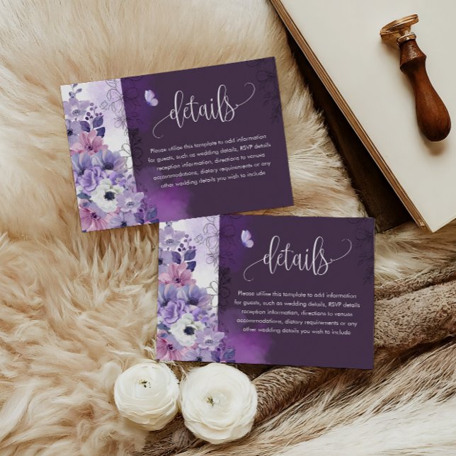 Tarjeta De Recepción Purple Floral Wedding Details Card (Subido por el creador)