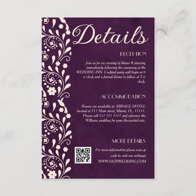 Tarjeta De Recepción Purple Floral Wedding Details QR code (Anverso)