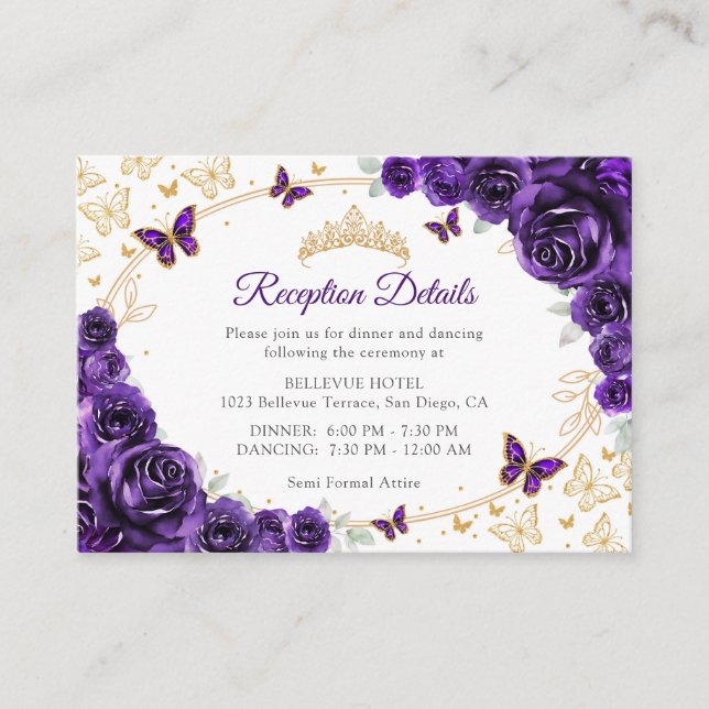 Tarjeta De Recepción Purple Gold Quinceanera Reception Details (Anverso)