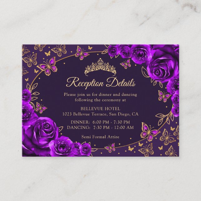 Tarjeta De Recepción Purple Gold Quinceanera Reception Details (Anverso)