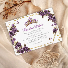 Tarjeta De Recepción Purple Golden Tiara Roses Butterflies Quinceañera