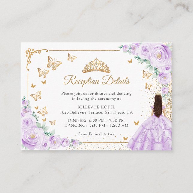 Tarjeta De Recepción Purple Lilac Gold Quinceanera Reception Details (Anverso)
