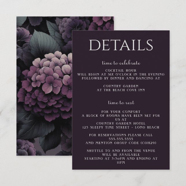 Tarjeta De Recepción Purple Moody Floral (Anverso / Reverso)