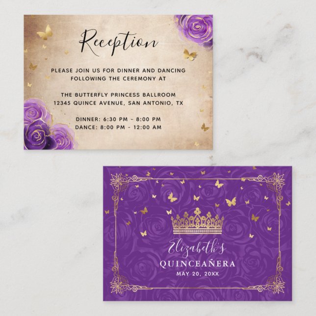 Tarjeta De Recepción Purple Rose Gold Crown Elegant Details (Anverso / Reverso)