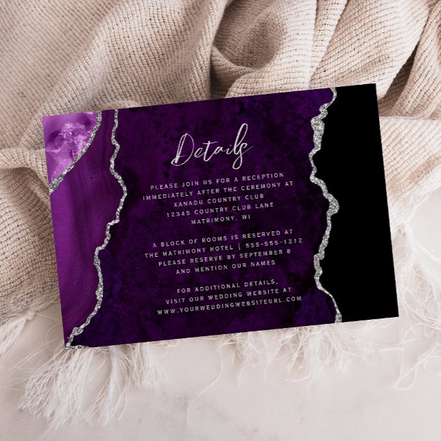Tarjeta De Recepción Purple Silver Agate Script Wedding Details (Subido por el creador)
