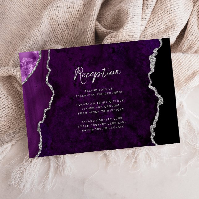Tarjeta De Recepción Purple Silver Agate Script Wedding Reception (Subido por el creador)