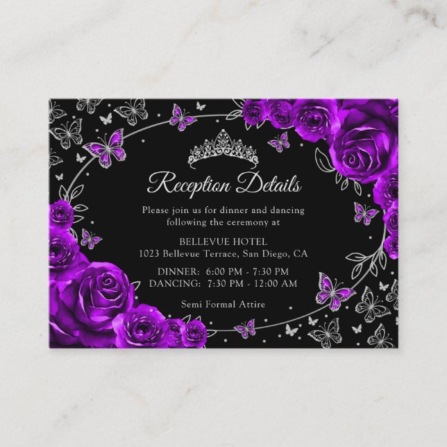 Tarjeta De Recepción Purple Silver Quinceanera Reception Details (Anverso)