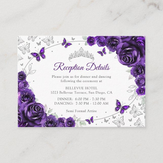 Tarjeta De Recepción Purple Silver Quinceanera Reception Details (Anverso)