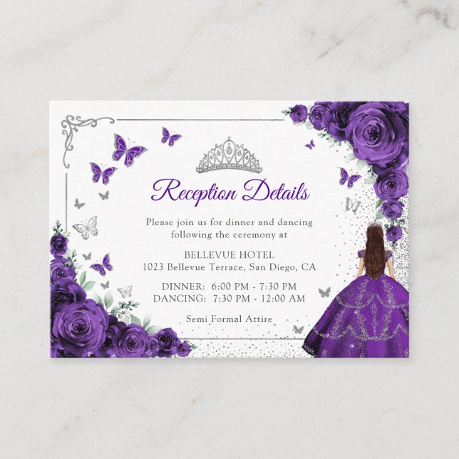 Tarjeta De Recepción Purple Silver Quincenarea Reception Details (Anverso)