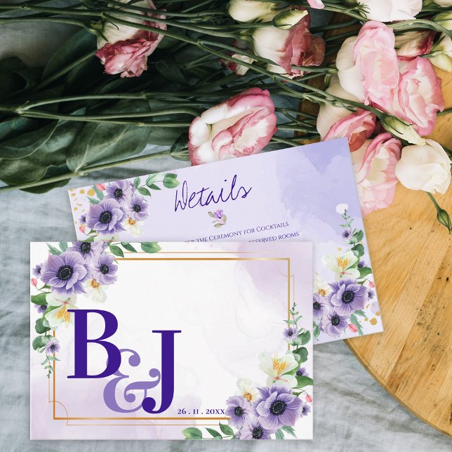Tarjeta De Recepción Purple White Floral Gold Frame Wedding Details (Purple White Floral Gold Frame Wedding Details Enclosure Card)