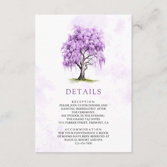 Tarjeta De Recepción Purple Wisteria Floral Tree Wedding Details (Anverso)
