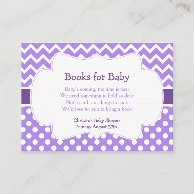 Tarjeta De Recepción Púrpura Chevron & Polka Dot Book Request (Anverso)
