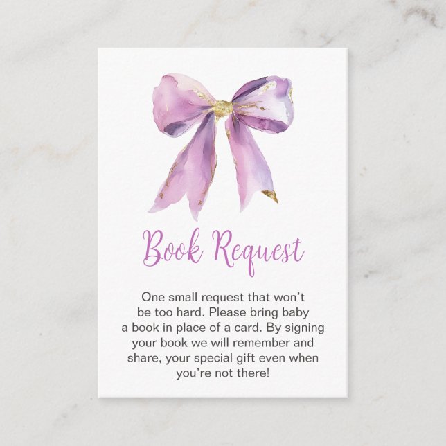 Tarjeta De Recepción Púrpura Coquette Bow Baby Shower Book Request (Anverso)