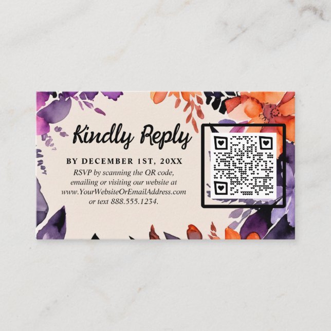 Tarjeta De Recepción Púrpura encantada + Boda Naranja Floral Halloween (Anverso)