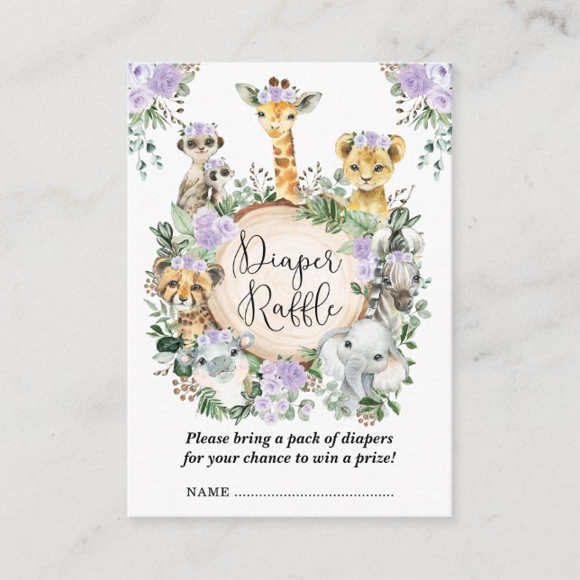 Tarjeta De Recepción Púrpura Floral Safari Jungle Baby Diaper Raffle (Anverso)
