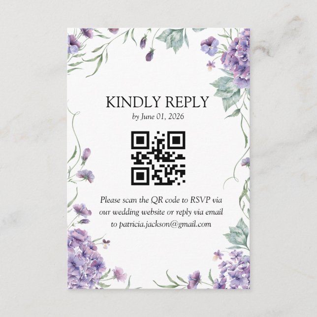 Tarjeta De Recepción Púrpura Hydrangea acuarela Floral RSVP (Anverso)