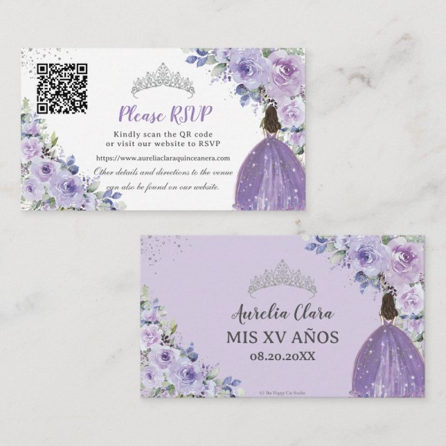 Tarjeta De Recepción Púrpura Lilac Floral Plata Quinceañera QR Código (Anverso / Reverso)