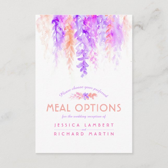 Tarjeta De Recepción Púrpura naranja vinagre flor opciones de alimentac (Anverso)