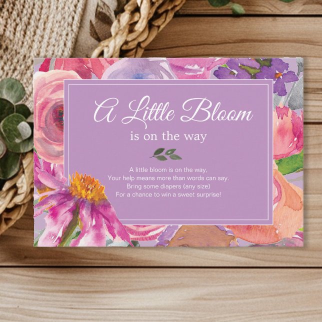 Tarjeta De Recepción Púrpura Pink Floral Diaper Raffle Baby Shower (Pink and purple watercolor floral Diaper Raffle enclosure card)