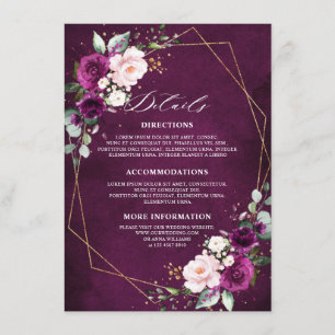 Tarjeta De Recepción Púrpura Pluma Rubor Rosa Rosa Boda Detalles Enclav