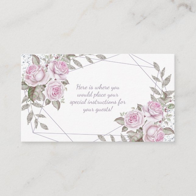 Tarjeta De Recepción Púrpura Purpurina de Plata Floral Rosa (Anverso)