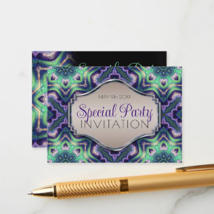 Tarjeta De Recepción Púrpura Verde Peacock Mandala Medieval moderno