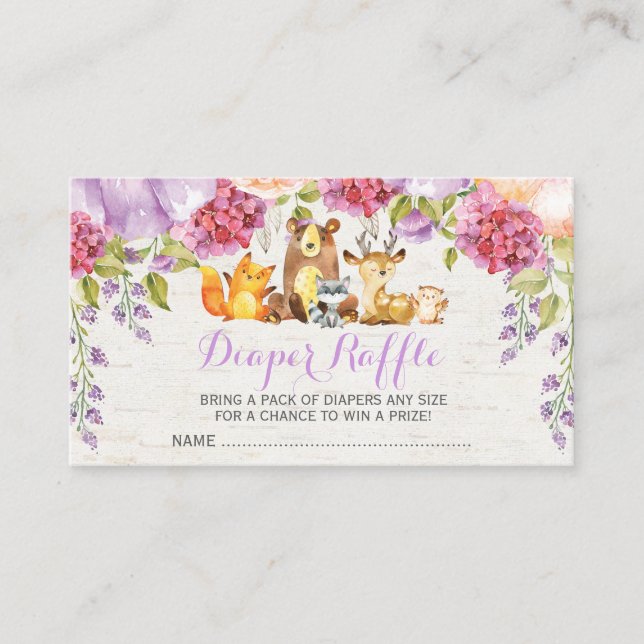 Tarjeta De Recepción Púrpura Woodland Floral Baby Diaper Raffle (Anverso)
