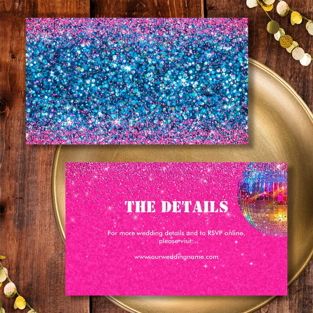 Tarjeta De Recepción Purpurina azul  Disco Boda Detalles del sitio web (Front / Back)