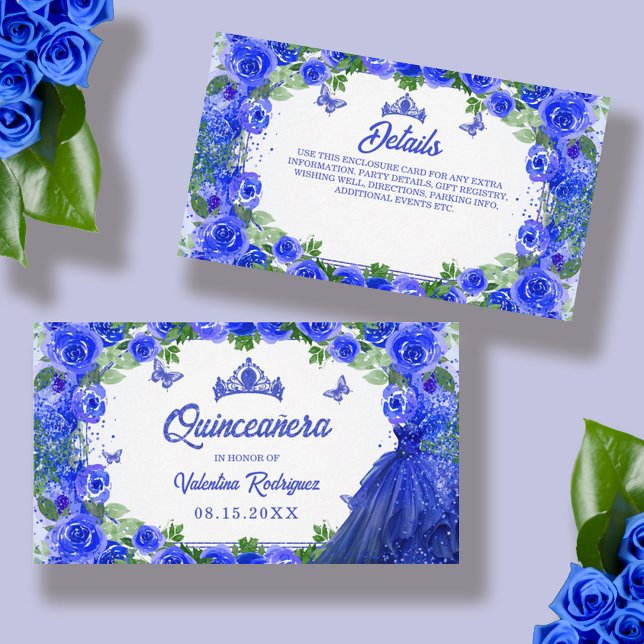 Tarjeta De Recepción Purpurina azul real Floral Sparkle Quinceanera (Royal Blue Glitter Floral Sparkle Quinceanera Enclosure Card)