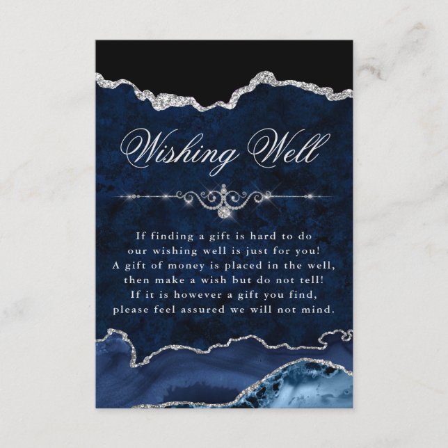 Tarjeta De Recepción Purpurina azul y plateado Marble Agate Desear bien (Anverso)