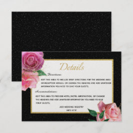 Tarjeta De Recepción Purpurina blanco negro y rosas rosadas con detalle