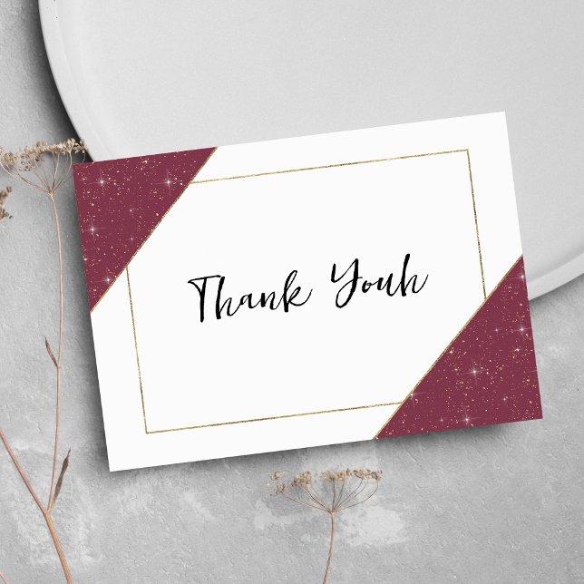Tarjeta De Recepción Purpurina con brillo de oro burgundy geométrico gr (Geometric burgundy gold sparkle glitter Thank You )