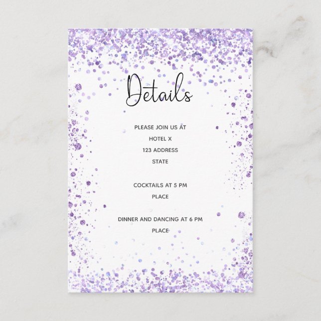 Tarjeta De Recepción Purpurina de lavanda violeta de los detalles de la (Anverso)