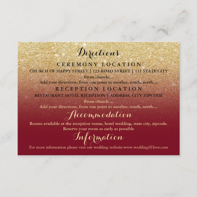 Tarjeta De Recepción Purpurina de oro burgundy detalles boda (Anverso)