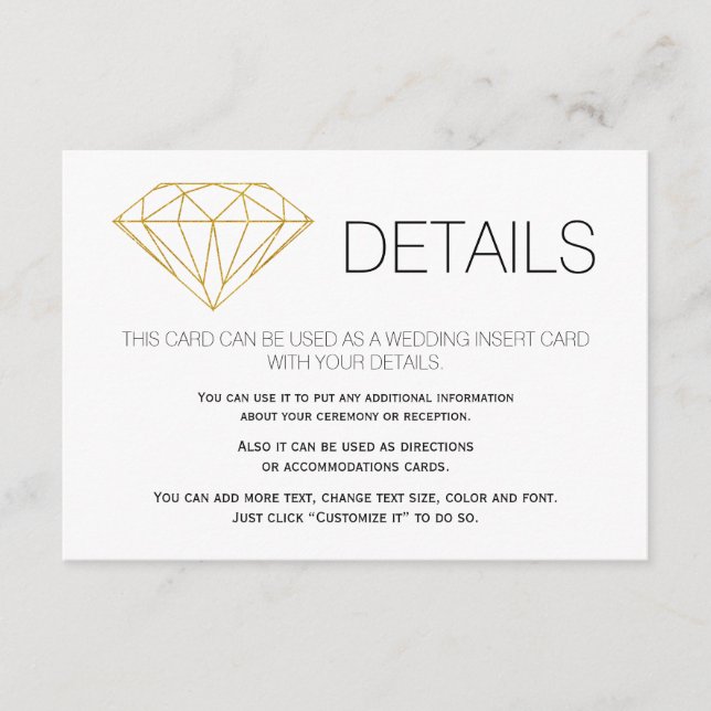 Tarjeta De Recepción Purpurina de oro detalles de boda de moda de diama (Anverso)