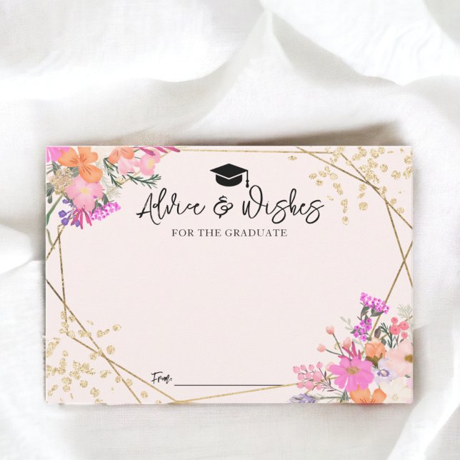 Tarjeta De Recepción Purpurina de oro graduación de acuarela floral Con (Gold glitter floral watercolor graduation Advice Enclosure Card)