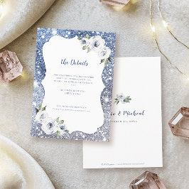 Tarjeta De Recepción Purpurina de plata azul espumoso Boda floral Detal