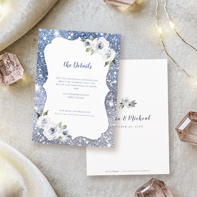 Tarjeta De Recepción Purpurina de plata azul espumoso Boda floral Detal (Sparkle blue silver glitter floral Wedding Details Enclosure Card)