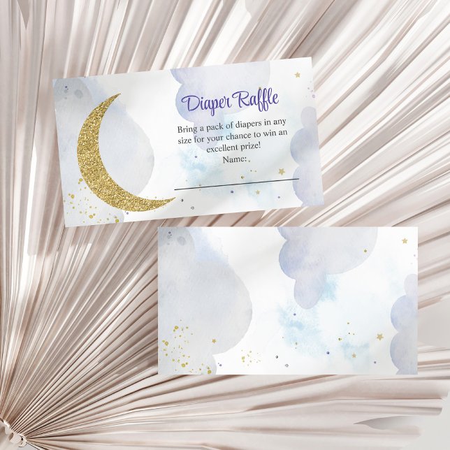 Tarjeta De Recepción Purpurina Dorado Moon Diaper Raffle (Golden Glitter Moon Diaper Raffle Enclosure Card on a white dry palm leaf.)