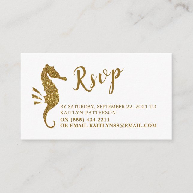 Tarjeta De Recepción Purpurina Gold Seahorse RSVP (Anverso)