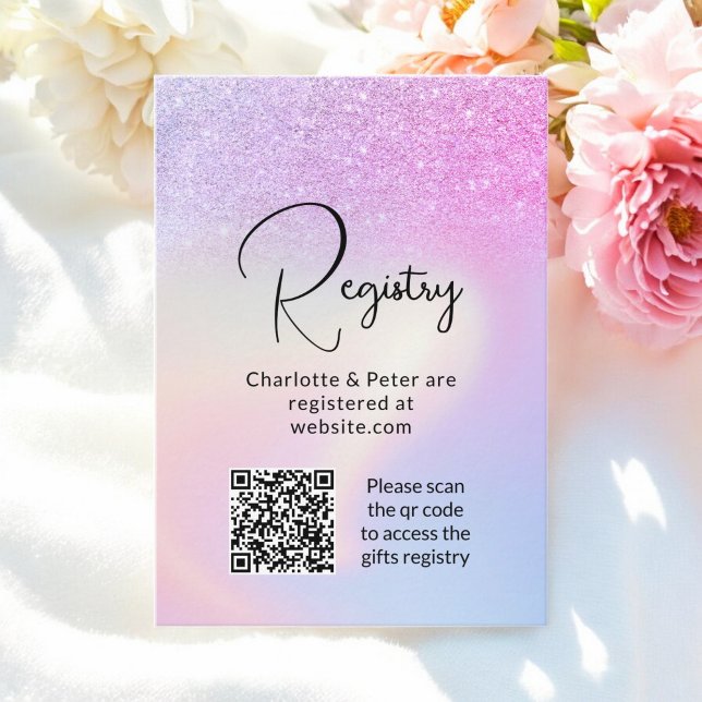 Tarjeta De Recepción Purpurina morado rosado Registro holográfico de no (Pink Purple Glitter Holographic bridal registry qr Enclosure Card)