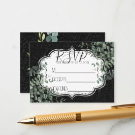 Tarjeta De Recepción Purpurina negro y eucalipto floral Bouquet RSVP