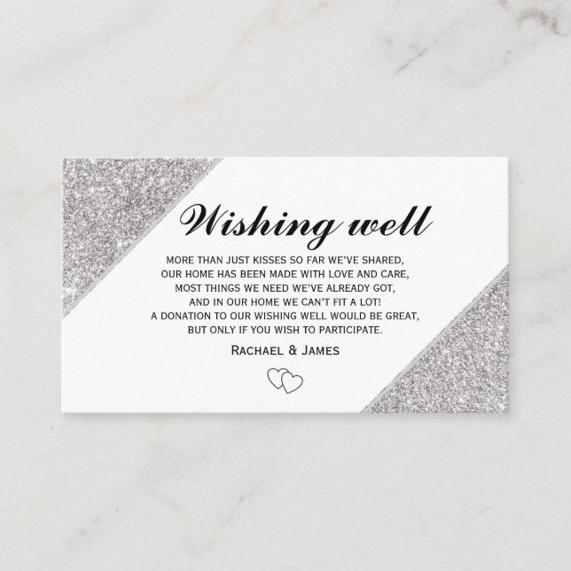 Tarjeta De Recepción Purpurina plateado sobre el buen deseo blanco (Anverso)