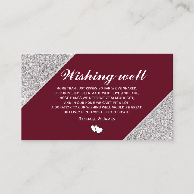 Tarjeta De Recepción Purpurina plateado sobre el buen deseo de Borgoña (Anverso)