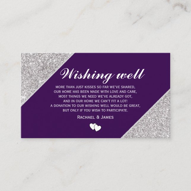 Tarjeta De Recepción Purpurina plateado sobre el morado oscuro deseando (Anverso)